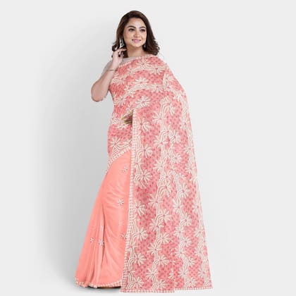 TheHangr Dual Thread Hand Embroidered Pink Georgette Lucknowi Chikankari Saree With Blouse TheHangr Dual Thread Hand Embroidered Pink Georgette Lucknowi Chikankari Saree With Blouse