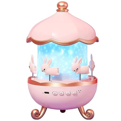 Carousel Night Light Projector with Music, Pink Bunny Design, Star and Moon Projection, Rotating Lamp for Kids Bedroom