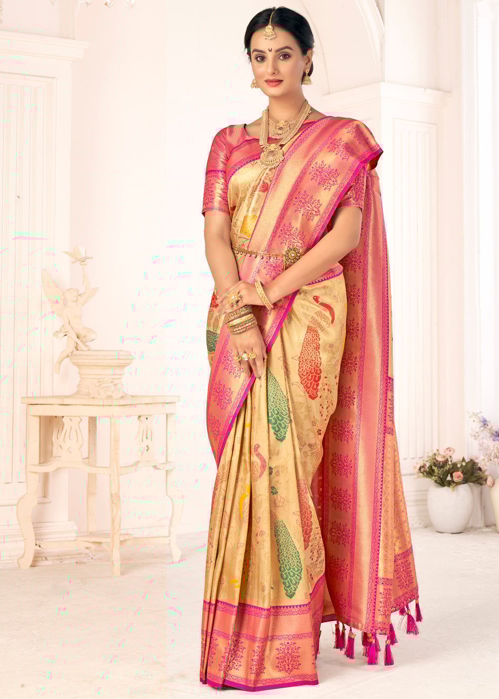 Beige And Pink Woven Kanjivaram Silk Saree