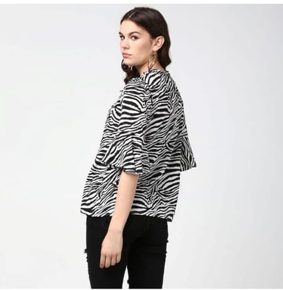 Women's Polyester Animal Print Bell Sleeve Top (Black - White, M)-PID55899