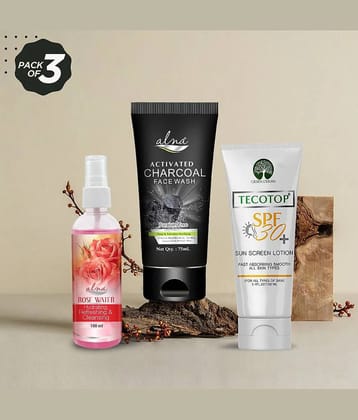 Alna Rose Water 100ml with Charcoal Face Wash 75ml & Tecotop Spf 30+ 100ml , Pack of 3