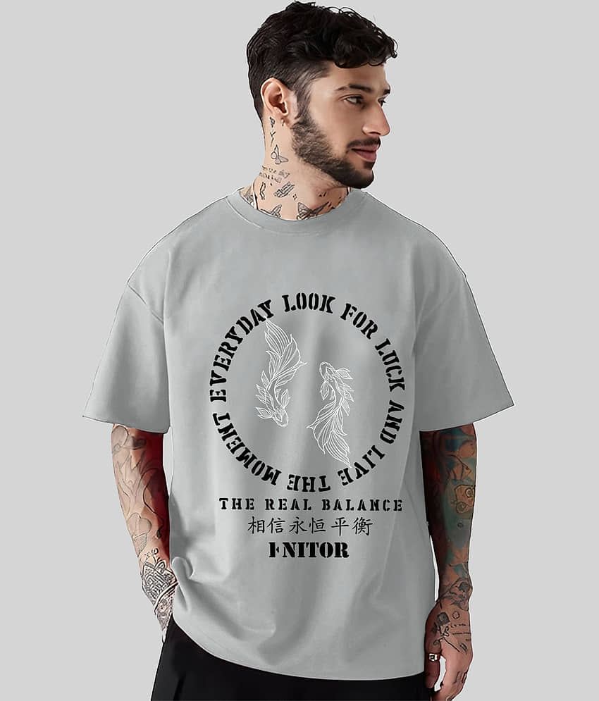 ENITOR Men Cotton Blend Oversized Fit Printed T-Shirt ( Grey )