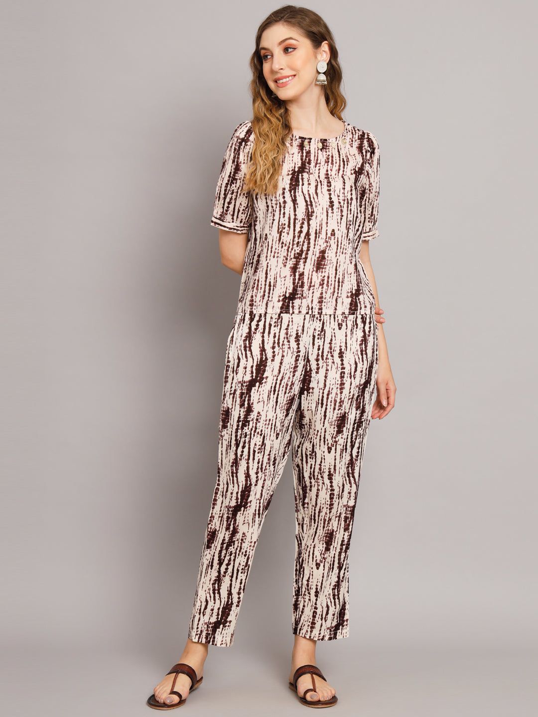 Beautiful Brown Tie & Die Print Cotton Co-Ord Set-XS