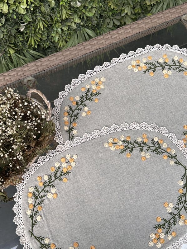 KRI India Bloom Oval Halo Table Placemats Set|Set of 4 | Grey with green & yellow embroidery | 13x17 inches | Wash & Care | 100% Cotton | Handcrafted in India. 100% organic & natural.