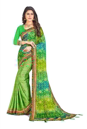 ANSH Womens Chiffon Bandhani Saree length (5.5m) & Blouse Piece Size (0.8m) (Green)
