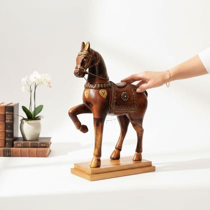 Indian Wooden Horse Showpiece Table Decor | Dark Brown