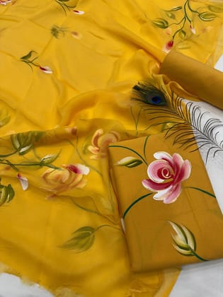 Pure Cotton Unstitched Suit With Chiffon Dupatta-As shown in picture / 2.5 mtr each / Pure cotton with chiffon dupatta