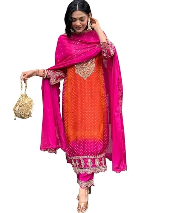 Womens Pink & Orange Embroidered Kurta Set with Dupatta and Pants Traditional Ethnic Kurta Suit for Wedding, Festive, Party, Diwali, Engagement, Indian Occasion Outfit