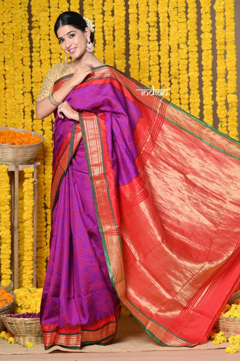 Rajsi~ Handloom Pure Silk Paithani Saree with Handbandhani and Most Traditional Tawa Pallu in Purple