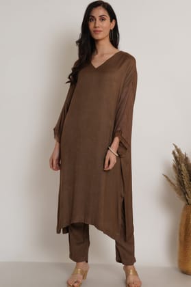 Brown Ruffle Plain Kaftan Set Of 2-S