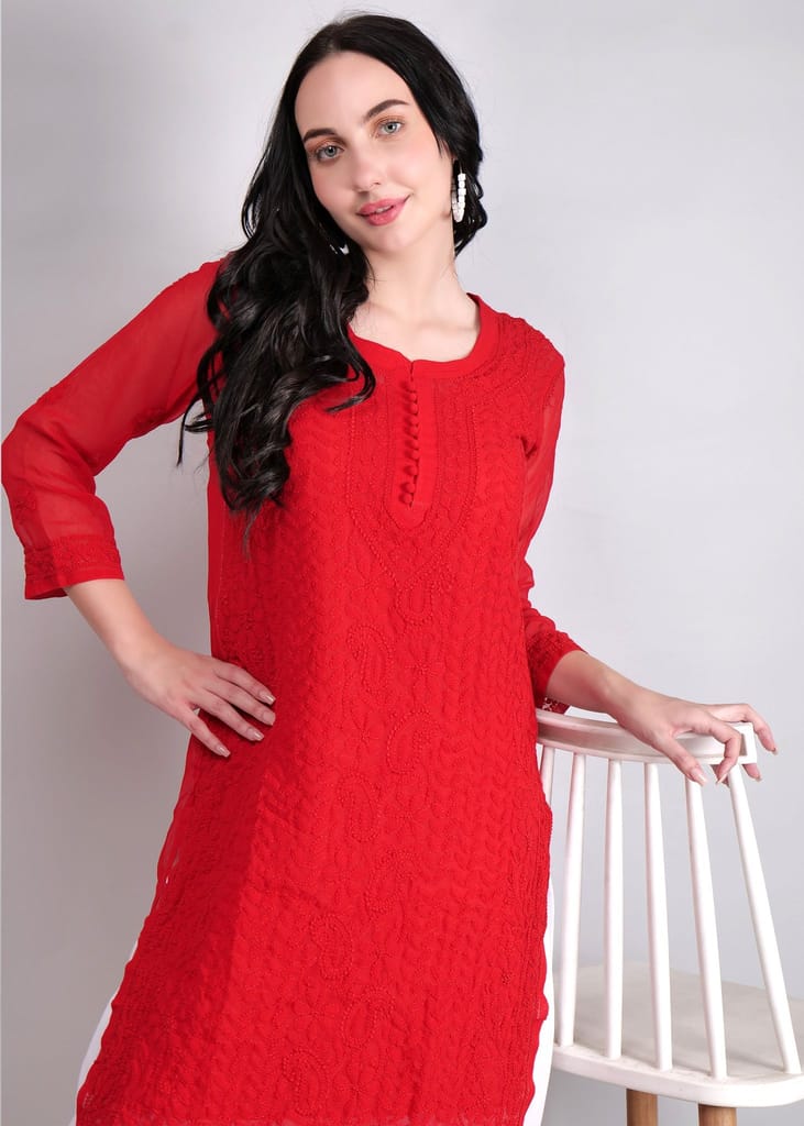 Geogette Hand Embroidered Calf length Chikankari Red Kurta