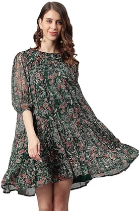 Green Poly Georgette Floral Flared Western