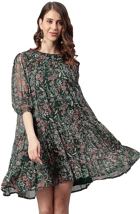 Green Poly Georgette Floral Flared Western