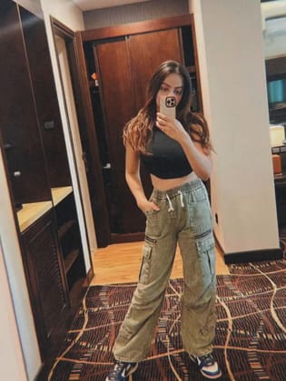 Denim Wide Leg Cargo Pants-S / GREEN