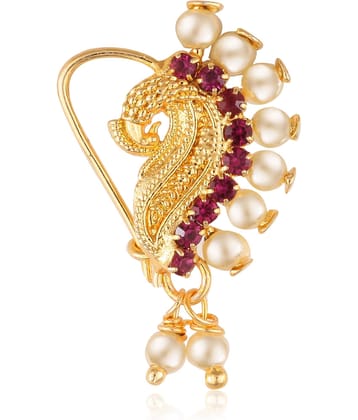 Vighnaharta Gold Plated with Peals Alloy and CZ stone Piercing Maharashtrian Nath Nathiya./ Nose Pin for women  [VFJ1088NTH-TAR-Red ]