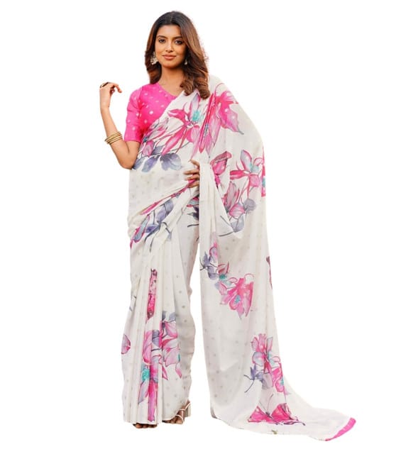 Generic Women's Georgette Floral & Butterfly Printed Saree with Unstitched Blouse Piece, Soft Lightweight 5.5 m Sari for Daily, Casual and Wear (Off White-Pink, Design 67624)
