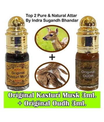 INDRA SUGANDH Attar Oudh Wood Attar 3 ml. & INDRA SUGANDH Attar Pure Kasturi 3ml. Rollons Pack of 2
