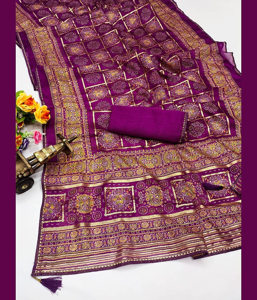 Kanooda Prints Net Woven Saree With Unstitched Blouse Piece ( Multicolor )