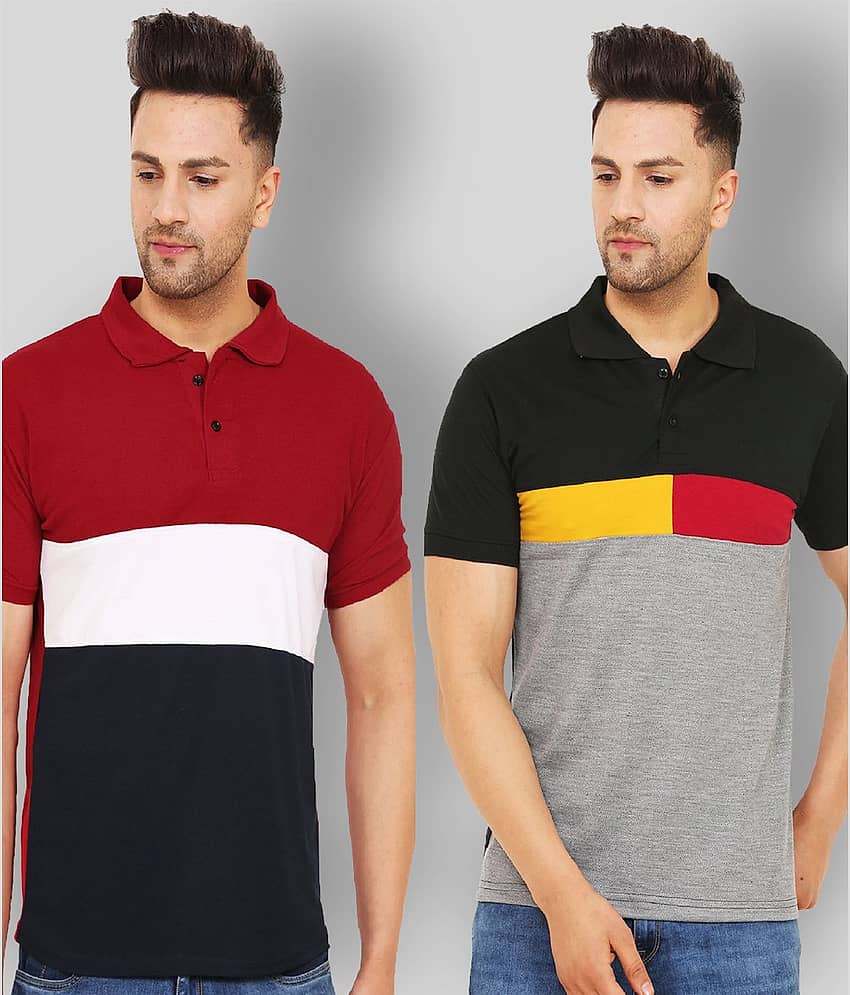 Leotude Pack of 2 Cotton Blend Regular Fit Colorblock Half Sleeves Men's Polo T Shirt ( Multicolor )