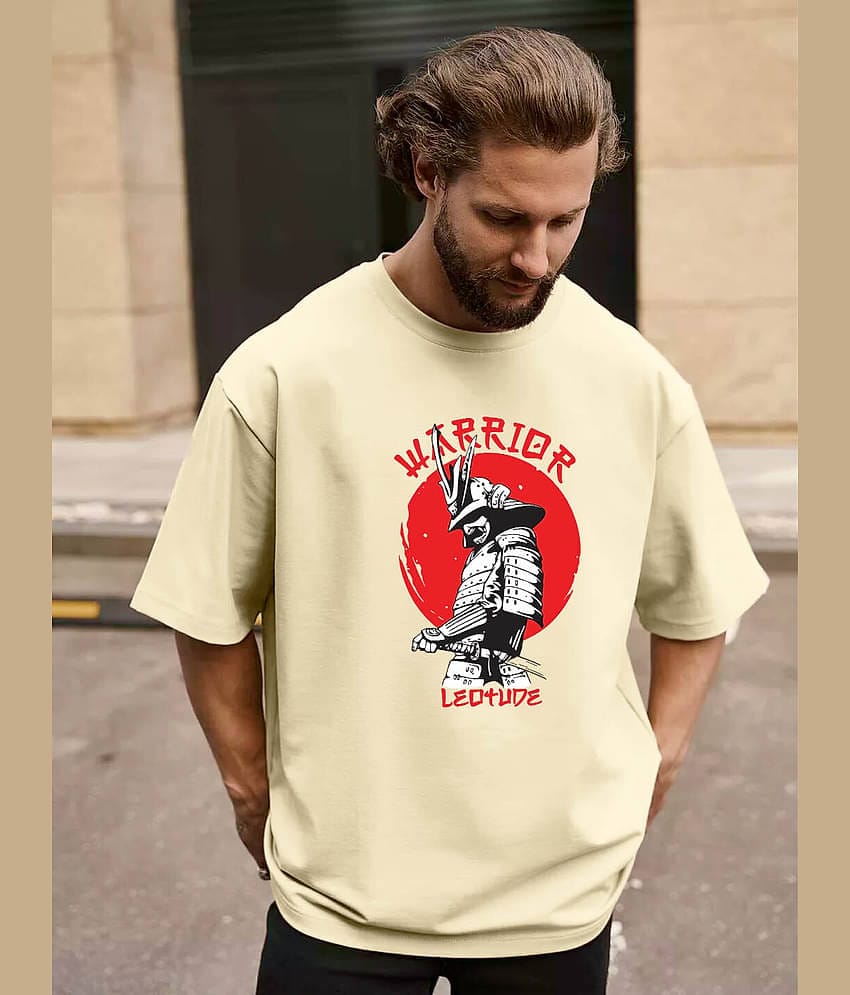 Leotude Men Cotton Blend Oversized Fit Printed T-Shirt ( Beige )
