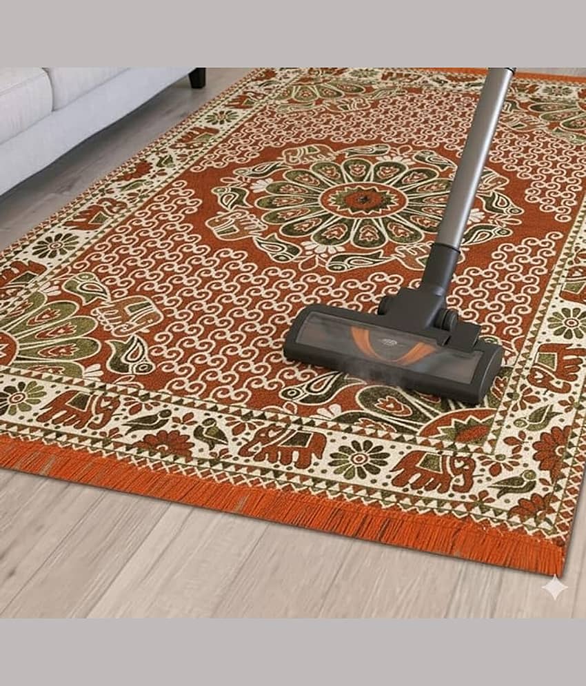 FURNISHING HUT Orange Cotton Carpet Embroidery 5x7 Ft