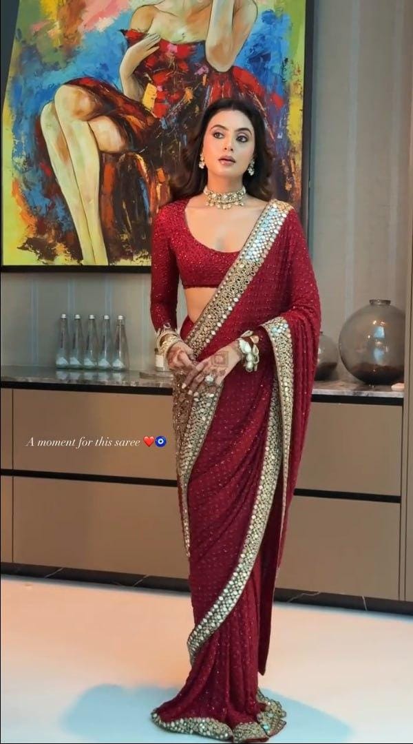 Red Georgette Saree with Mirror Work