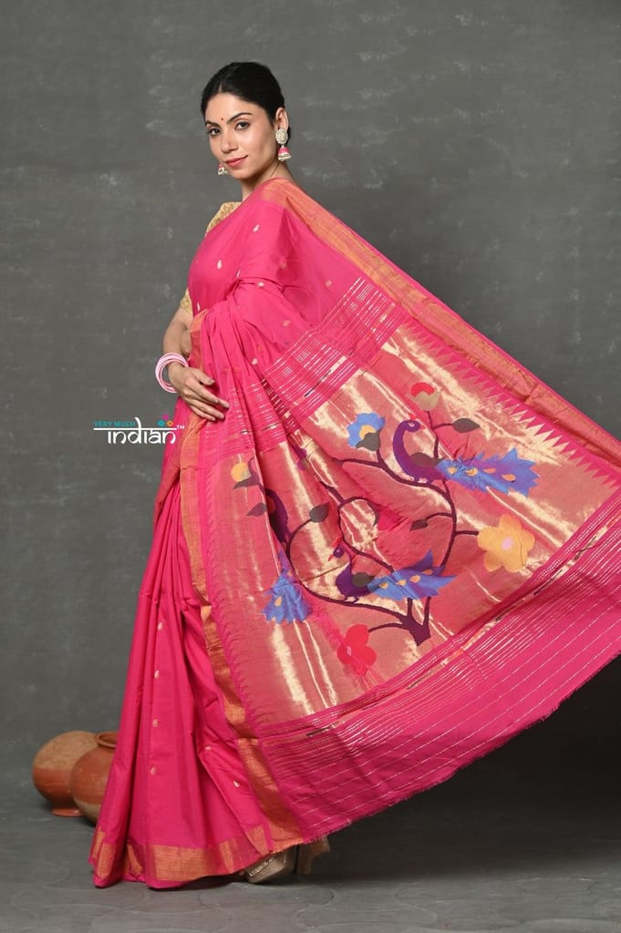 Tyohaar ~ Handloom Pure Cotton Paithani With Peacock Pallu~ Fresh Pink - Sarees | Buy online on ZillyBuy