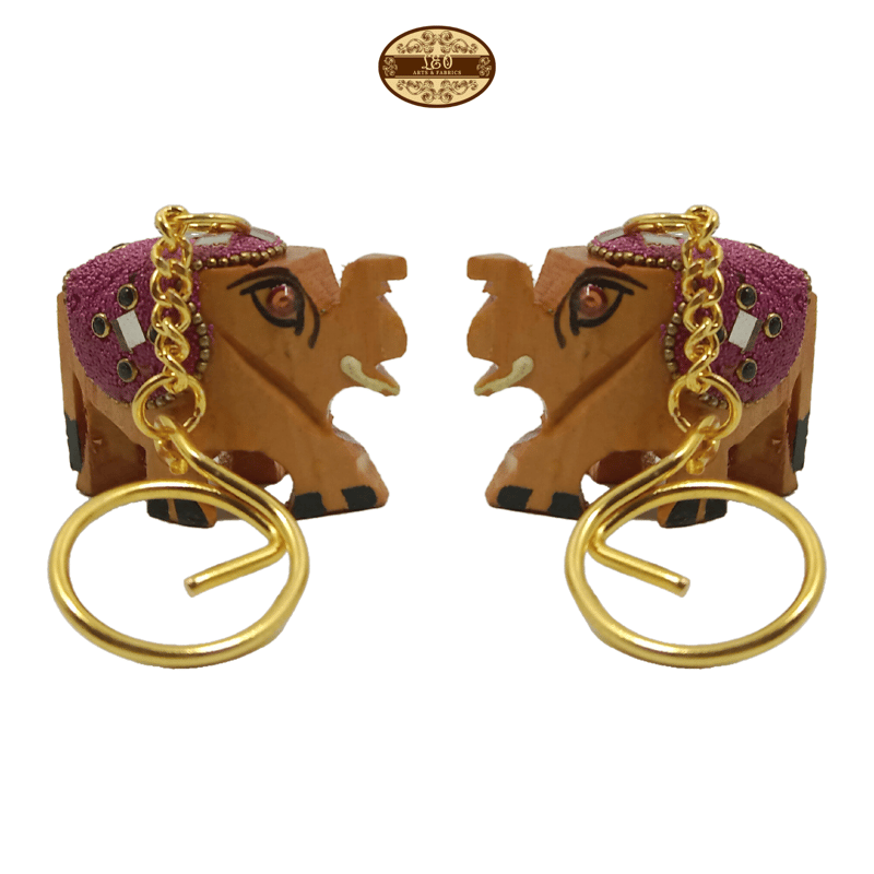 Handcrafted Wooden Elephant Key Chain, Decorative, Bajni Design, Pink, 6.5 cm x 6 cm x 4.5 cm