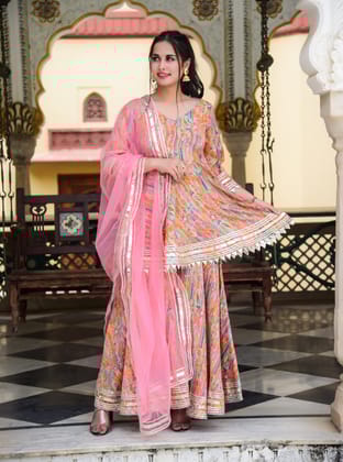 Peachy Pink Lurex Gota Work Sharara Set-S