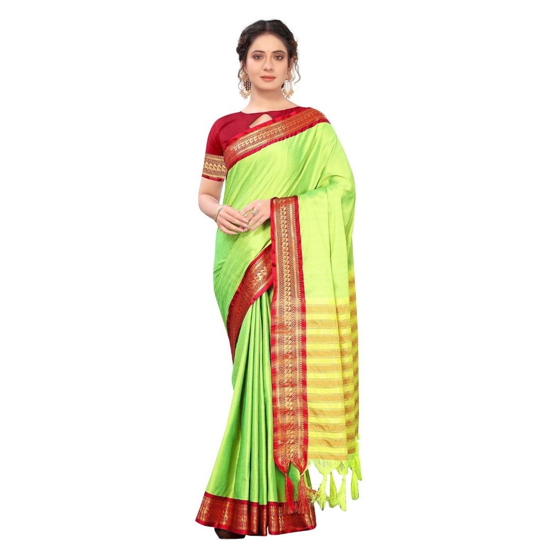 Generic Women's Cotton Silk  Saree with Blouse (Parrot Green, 5 - 6 Mtrs)