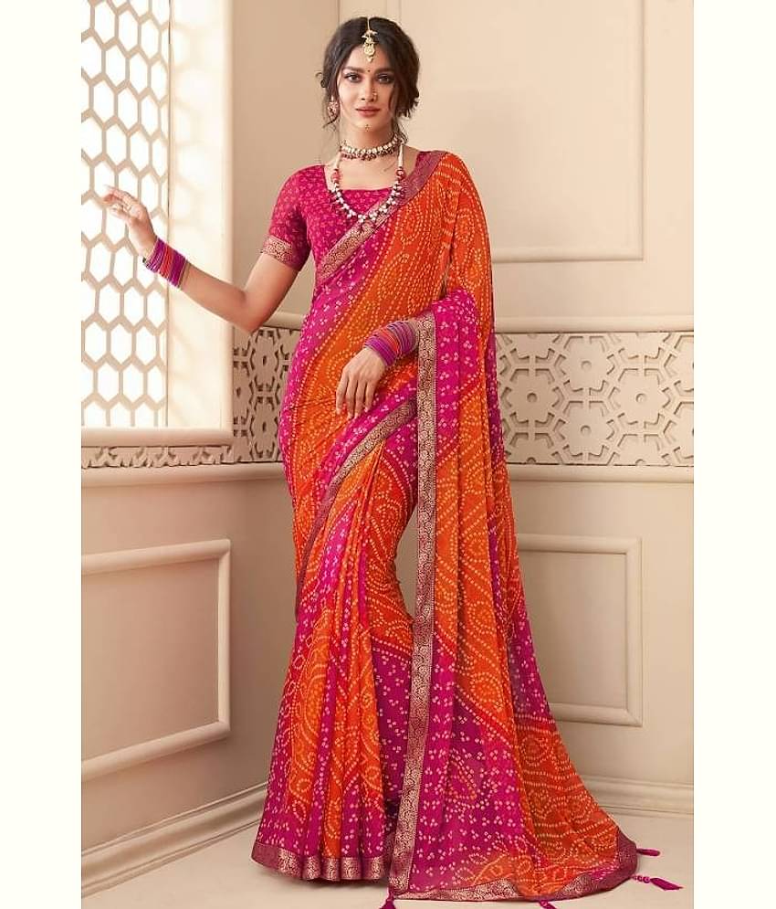 Nandini Creation Chiffon Printed Saree With Unstitched Blouse Piece ( Multicolor )