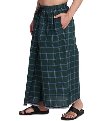 Gowri Tex Elastic Cotton Blend Men's Lungi With Dual Pocket (Green, Pack of 1)