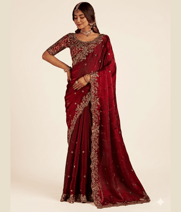 Malti Chiffon Embroidered Regular Saree With Unstitched Blouse Piece ( Maroon )