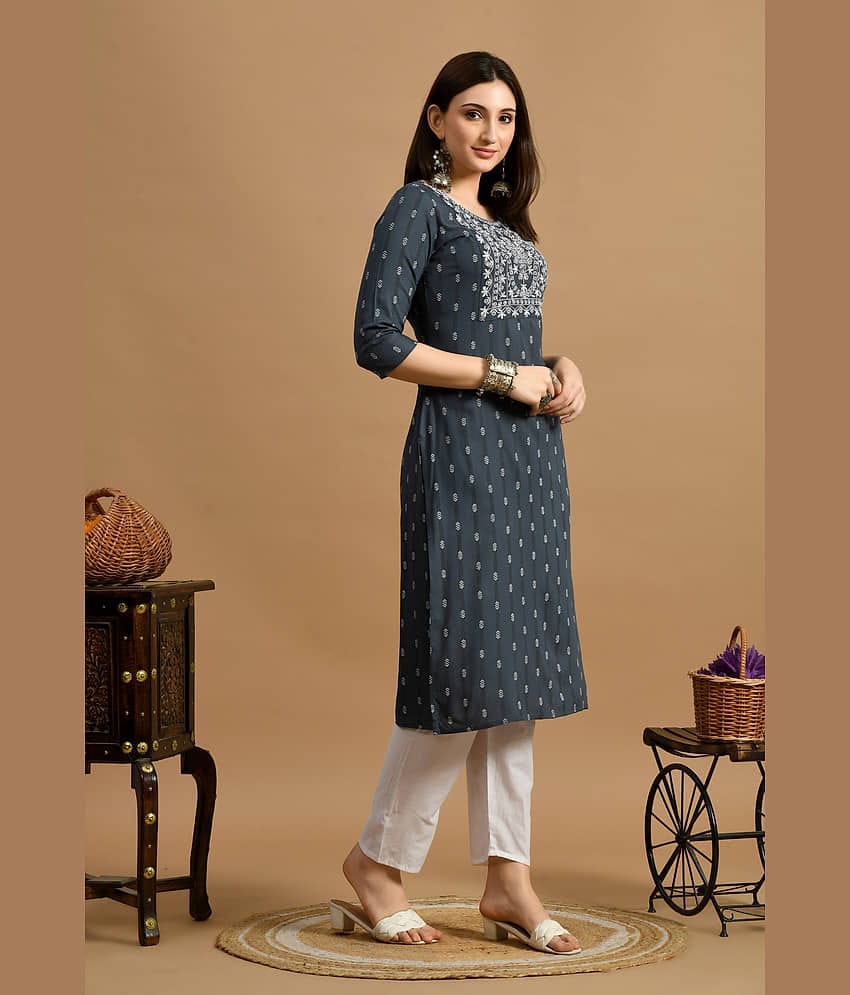 GlowWorld Viscose Blend Embroidered Straight Women's Kurti - Grey ( Pack of 1 )