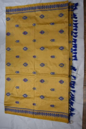 Traditional Silk Saree with Blouse, Yellow and Blue, Handloom Weave, Paisley and Geometric Motifs, Tassel Border Traditional Silk Saree with Blouse, Yellow and Blue, Handloom Weave, Paisley and Geometric Motifs, Tassel Border