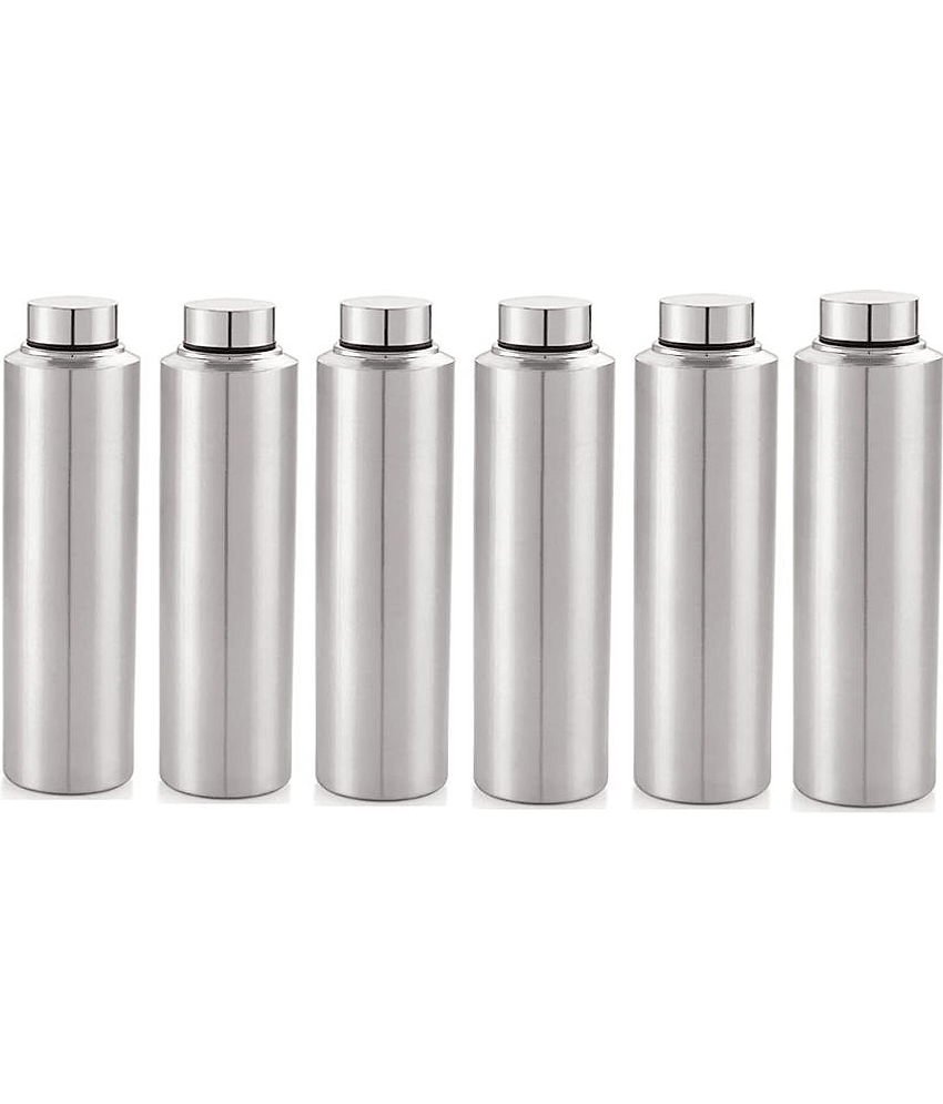 Visaxmi Stainless Steel 1 Liter Water Bottle Silver Fridge Water Bottle 1000 mL ( Set of 6 )