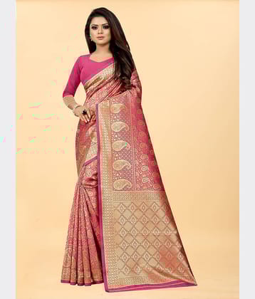 Gazal Fashions Banarasi Silk Embellished Saree With Unstitched Blouse Piece ( Pink )
