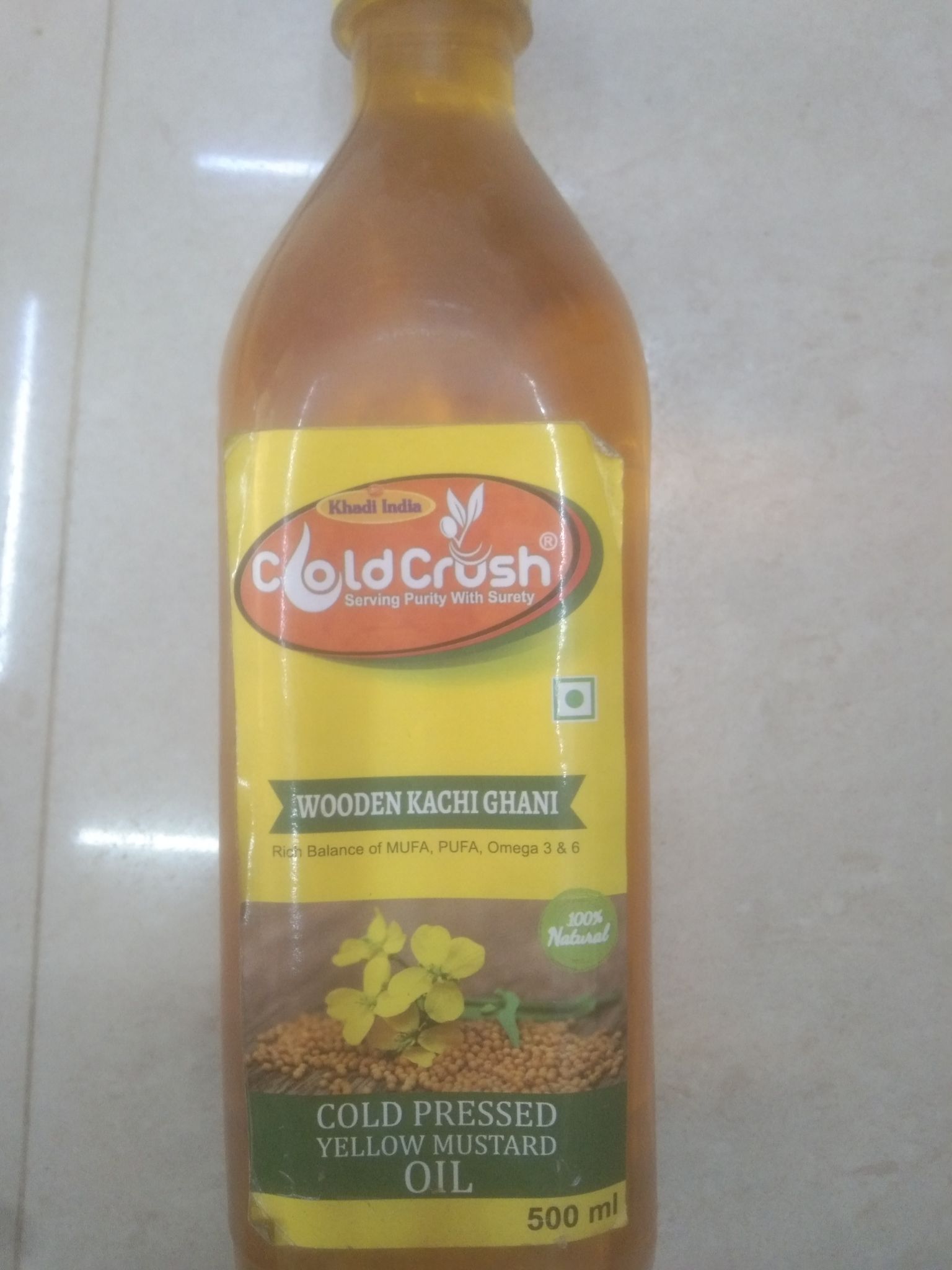 Khadi india Cold crush Serving purity with surety Wooden kachi ghani Cold pressed Yellow mustard Oil 500 ml 