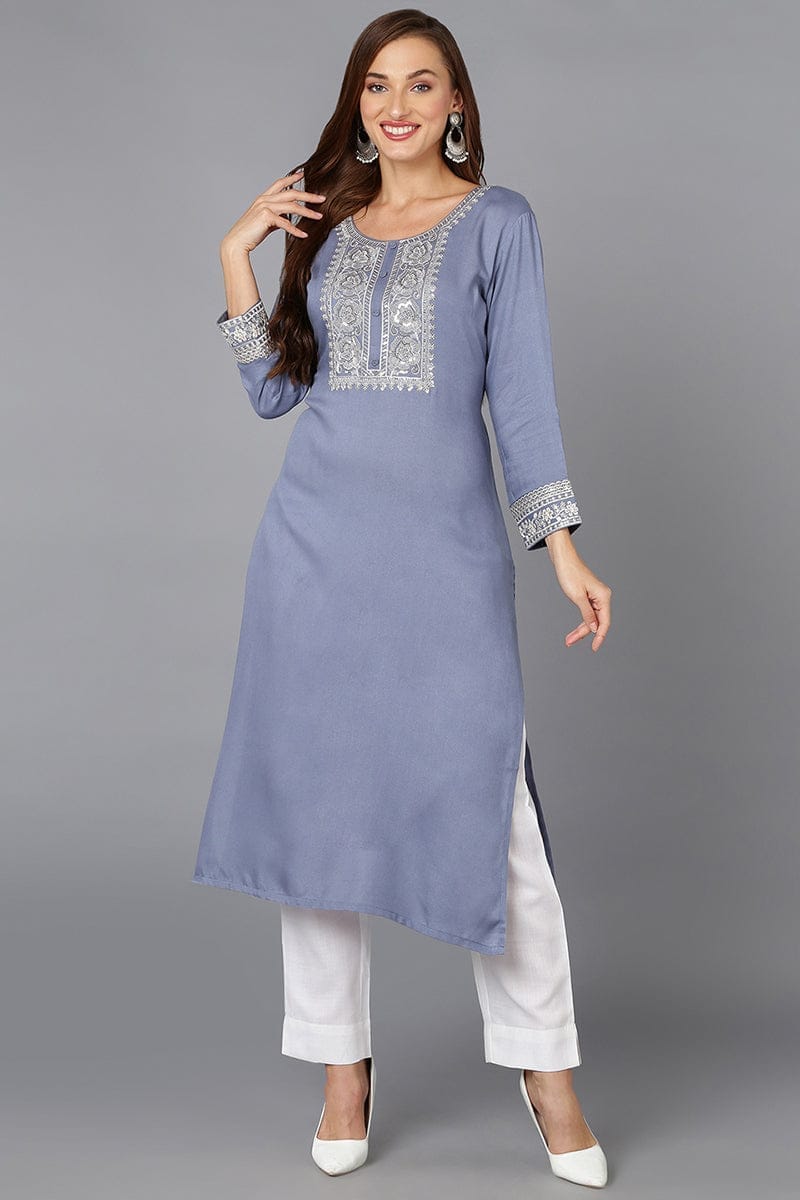 Blue Pottery Viscose Rayon Embroidered Straight Kurta VCK9219