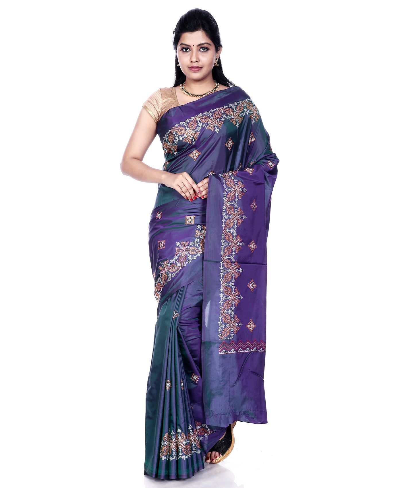 Greyish Pink Ilkal Saree - Art Silk Saree with Kasuti Embroidery