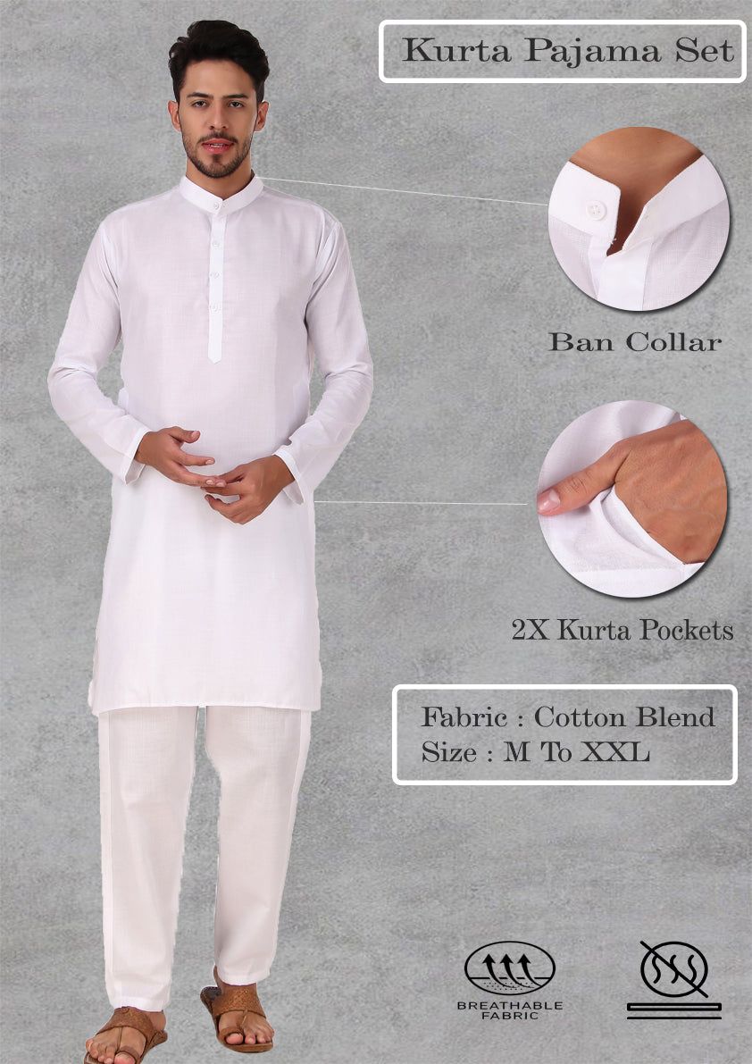 Preen Solid White Ban Collar Kurta Pajama Set-M