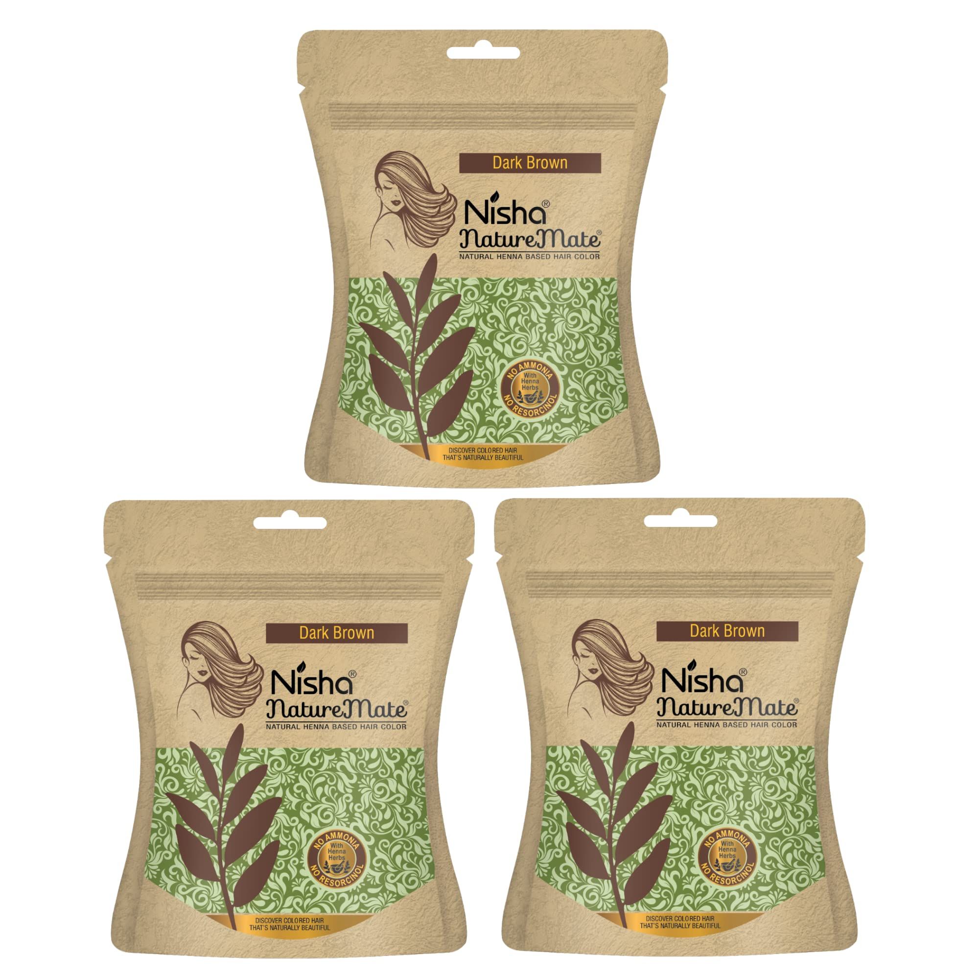 Nisha Nature Mate Henna Powder for Hair Colour, Dark Brown, Permanent Hair Color, Ammonia Free, 100% Grey Coverage, Herbal Hair Dye with Amla, Shikakai, Hibiscus & Aloe Vera (45g Pack of 3) Nisha Nature Mate Henna Powder for Hair Colour, Dark Brown, Perm