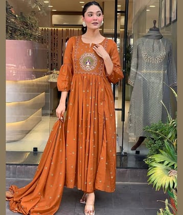 Heavenly Attire Women Cotton Embroidered Anarkali Kurti With Salwar ( Rust )