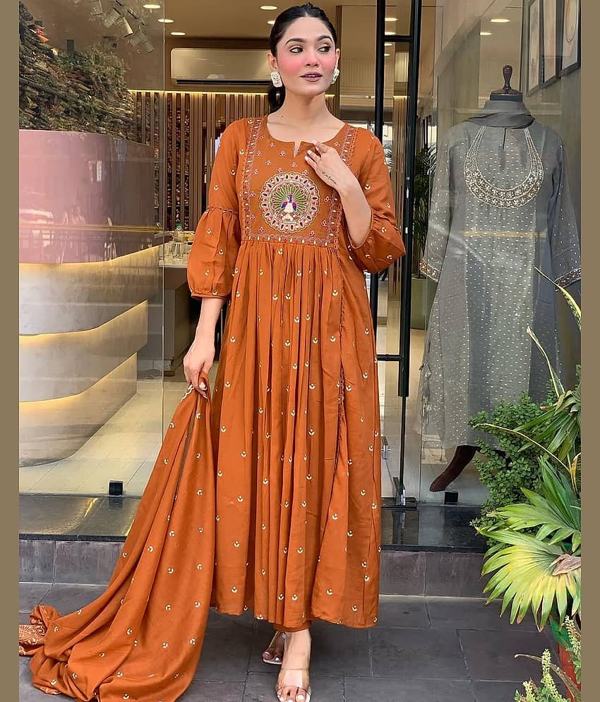Heavenly Attire Women Cotton Embroidered Anarkali Kurti With Salwar ( Rust )