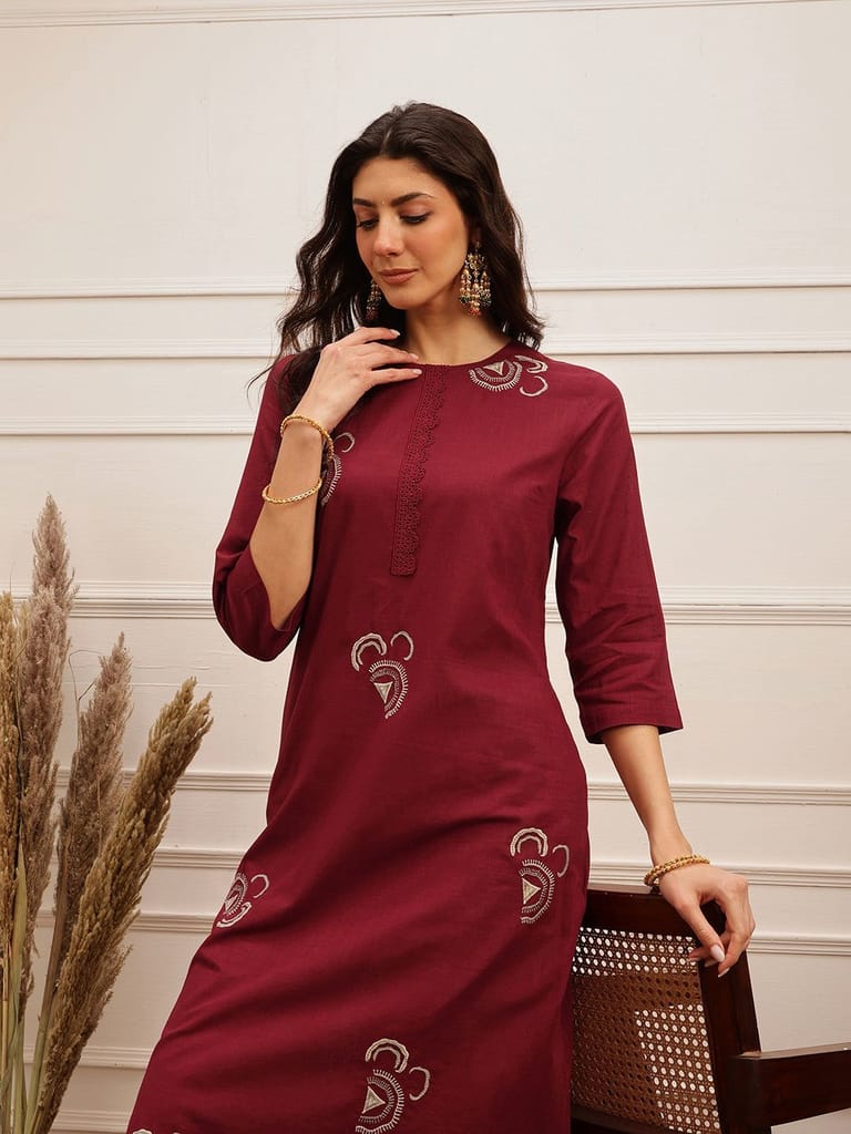 Wine Embroidered Cotton Kurta