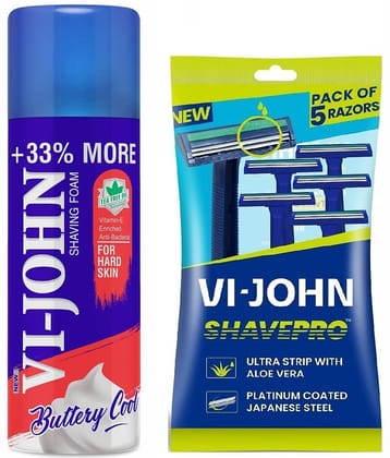 VI-JOHN Hard Skin Shaving foam 400g & ShavePro Twin Blade Disposable Razor 5 PCS -Pack of 2