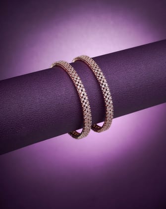 3 Line AD Studded Rose Gold Bangles (Pack of 2)-White / Rose Gold / 2.4