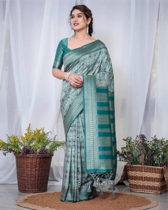 Banarasi Digitally Printed Green Silk Saree with Zari Weave and Elegant Tassels-Regular