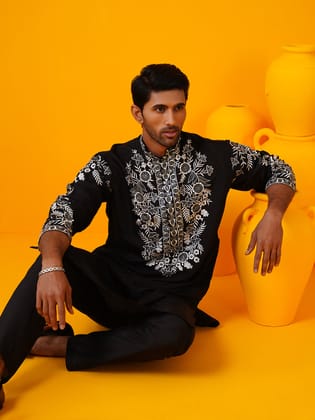 Men's Cotton Silk Designer Embroidered Black Long Kurta-40