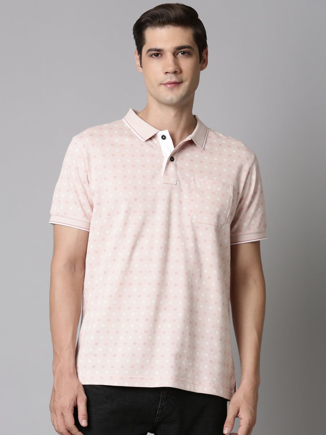 Classic Polo Men's Polo Neck Cotton Lt.Pink Slim Fit Printed T-Shirt | BELLO-280 B SF P